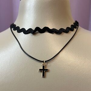 NWOT Black & Gold Tone Double Layer Choker with Cross Pendant & Adjustable Chain